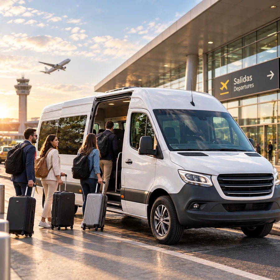 Van para traslado al aeropuerto con pasajeros y equipaje