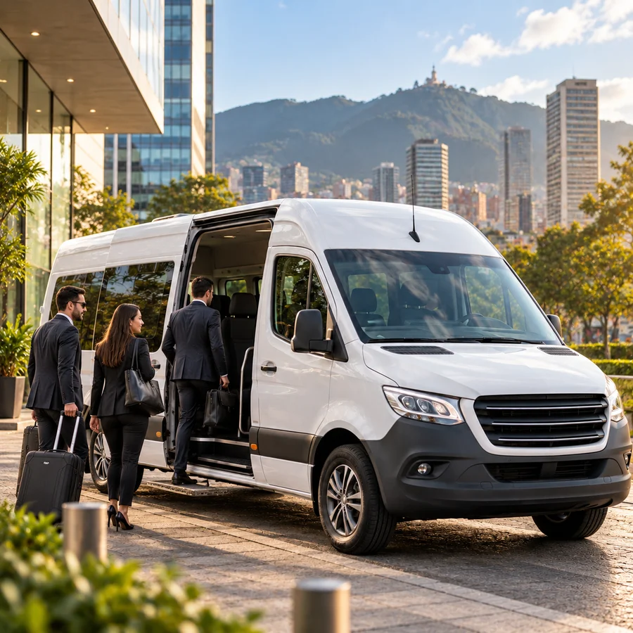 Van de transporte empresarial con pasajeros ejecutivos en Bogotá