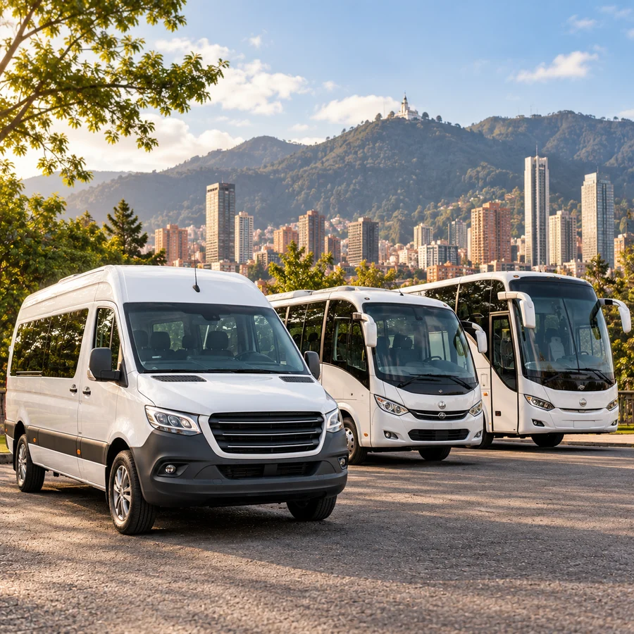 Vehículos de transporte de pasajeros para distintos servicios en Bogotá